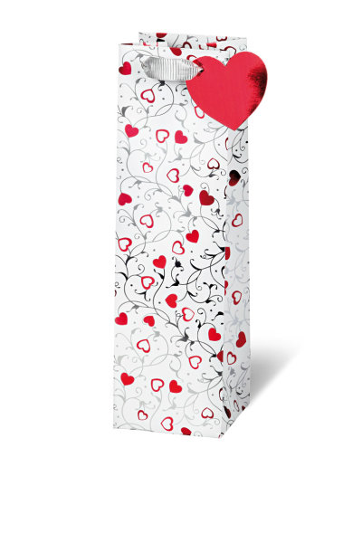 Tasche - Flaschen Format - 36x10,5x10 cm - Silver Hearts - rote Herzen silberne Ranken