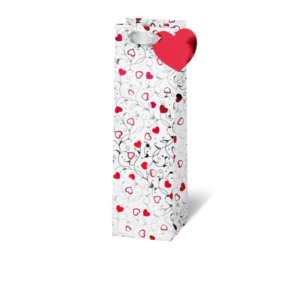 Tasche - Flaschen Format - 36x10,5x10 cm - Silver Hearts - rote Herzen silberne Ranken