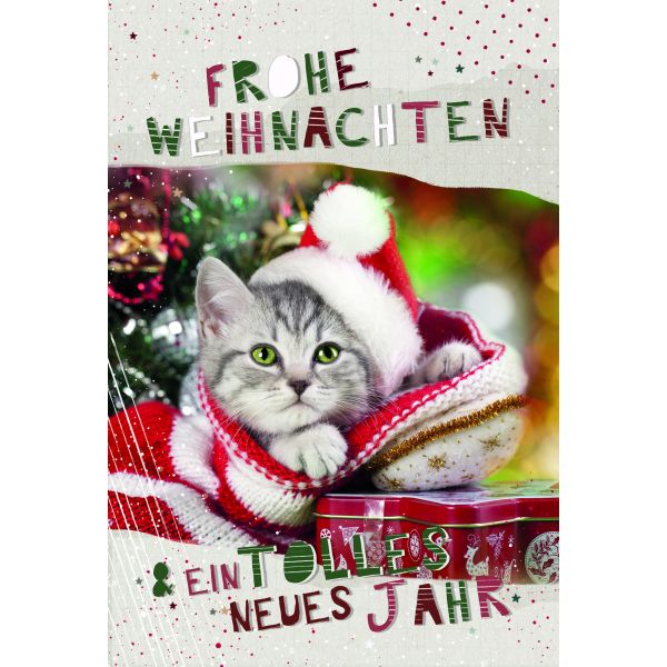 Weihnachten Glückwunschkarten mit Umschlag Katze mit Weihnachtsmütze guckt aus Weihnachtsstrumpf