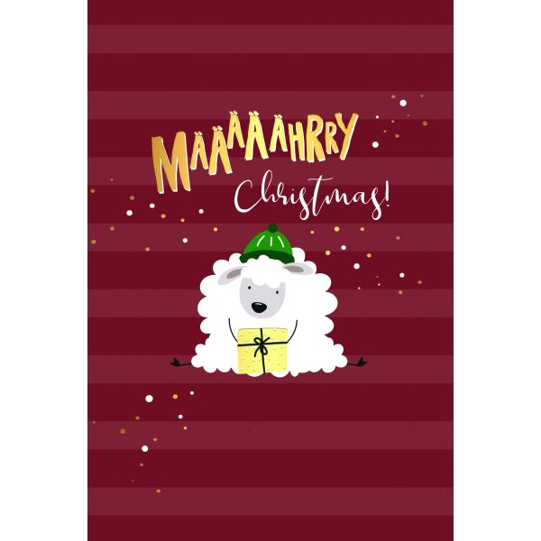 Weihnachten Glückwunschkarten Schaf mit Mütze und Geschenk, mit Goldfolie