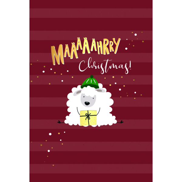 Weihnachten Glückwunschkarten Schaf mit Mütze und Geschenk, mit Goldfolie