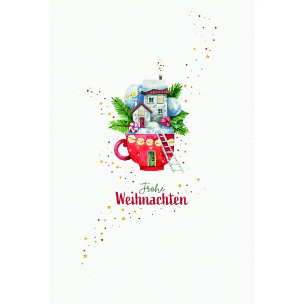 Weihnachten Glückwunschkarten Schnee, Häuser, Tannenzweige in Tasse, Naturkarton