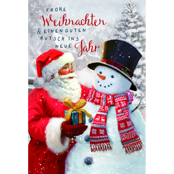 Weihnachten Glückwunschkarten Weihnachtsmann bringt Schneemann Geschenk