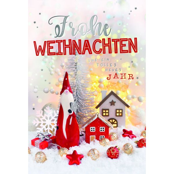 Weihnachten Glückwunschkarten Weihnachtsmann, Häuser, Weihnachtsbaumkugeln, Sterne, mit Silberfolie