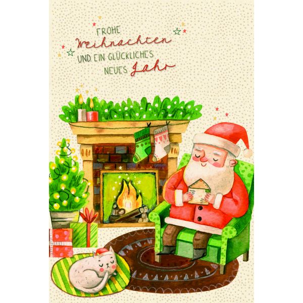 Weihnachten Green Line Karte mit Umschlag Weihnachtsmann im Sessel am Kamin, Katze