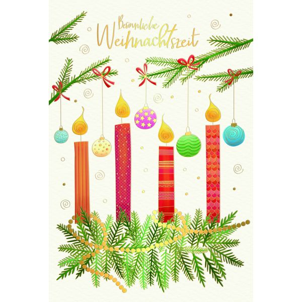 Weihnachten Skorpions art Glückwunschkarten Brennende Kerzen, Weihnachtsbaumkugeln, Naturkarton, mit Goldfolie und Blindprägung