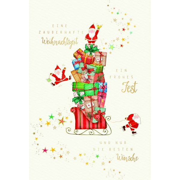 Weihnachten Skorpions art Glückwunschkarten Schlitten voller Geschenke, Weihnachtsmänner, Naturkarton, mit Goldfolie und Blindprägung