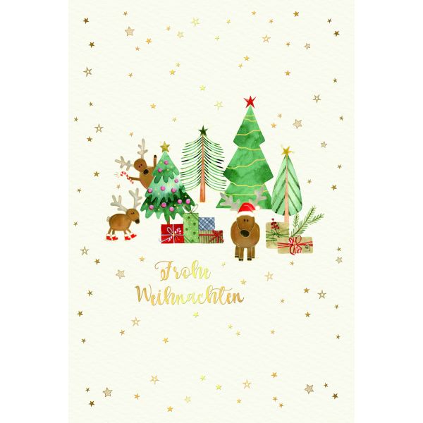 Weihnachten Skorpions art Glückwunschkarten Weihnachtsbäume, Rentiere, Geschenke, Naturkarton, mit Goldfolie und Blindprägung