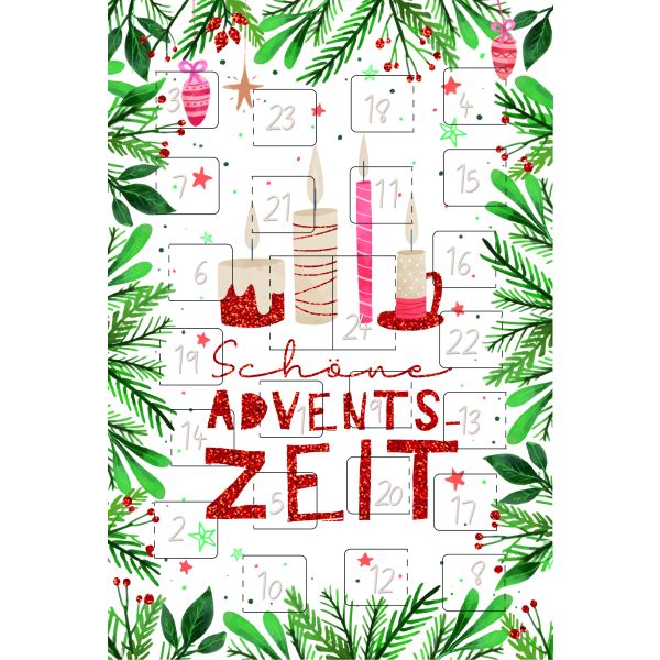 Weihnachten Adventskalender Glückwunschkarten Brennende Kerzen, Tannenzweige, mit roter Hologrammfolie, gestanzt