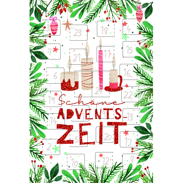 Weihnachten Adventskalender Glückwunschkarten Brennende Kerzen, Tannenzweige, mit roter Hologrammfolie, gestanzt