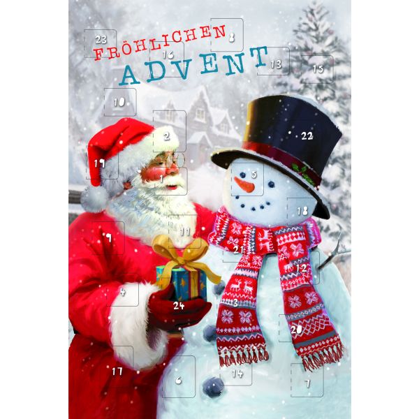 Weihnachten Adventskalender Glückwunschkarten Weihnachtsmann bringt Schneemann Geschenk, gestanzt