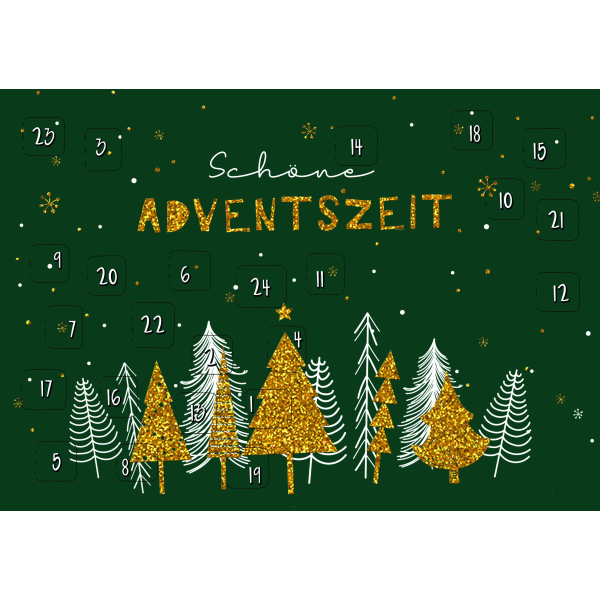 Weihnachten Adventskalender A5 Glückwunschkarten Nadelbäume, mit goldener Hologrammfolie, gestanzt