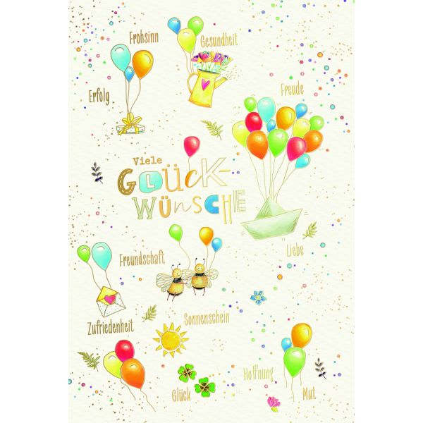 Allgemeine Wünsche Skorpions art Glückwunschkarten Bunte Luftballons, Bienen, Sonne, Kleeblätter, Naturkarton, mit Goldfolie und Blindprägung