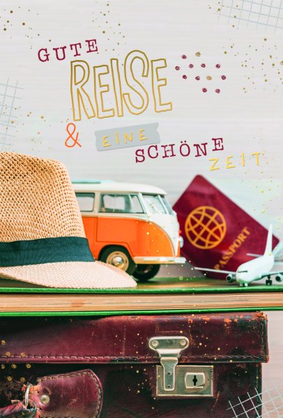 Abschied - Glückwunschkarten im Format  11,5 x 17 cm - Hut, Spielzeugbus, Spielzeugflugzeug und Pass auf altem Koffer, mit Goldfolie