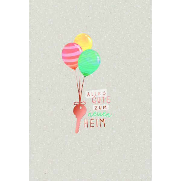 Neues Heim Glückwunschkarten Schlüssel an Luftballons, Naturkarton, mit roségoldener Metallicfolie