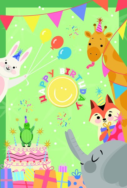 Kindergeburtstag - Glückwunschkarten im Format  11,5 x 17 cm - Tiere feiern Geburtstag, mit aufgeblocktem Stanzteil