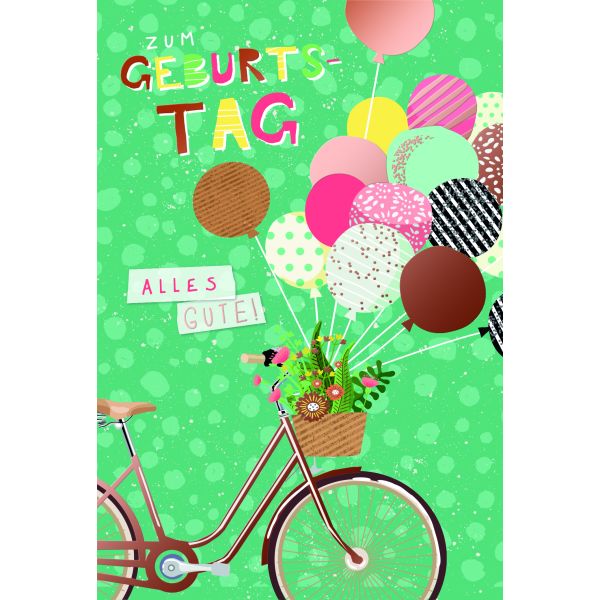 Geburtstag Glückwunschkarten Fahrrad mit Blumenkorb und bunten Luftballons, mit roségoldener Metallicfolie