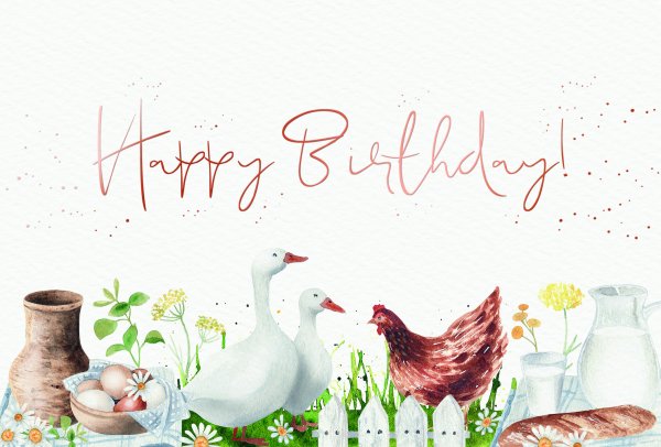 Geburtstag - Glückwunschkarten im Format  17 x 11,5 cm - Gänse, Hahn, Eier, Milch, Brot, Naturkarton, mit roségoldener Metallicfolie