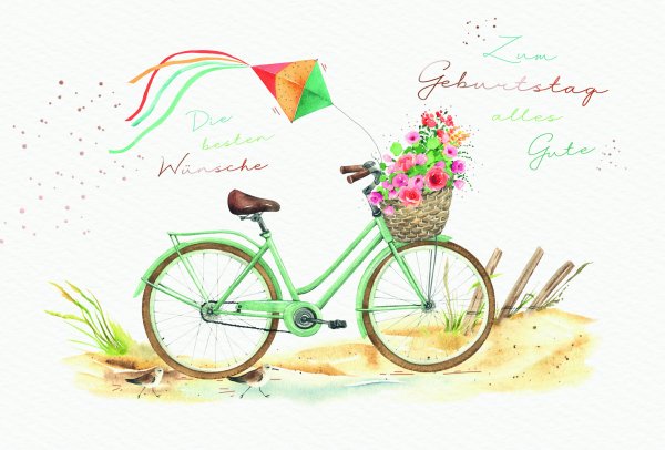 Geburtstag - Glückwunschkarten im Format  17 x 11,5 cm - Fahrrad mit Blumenkorb und Flugdrachen, Naturkarton, mit roségoldener Metallicfolie