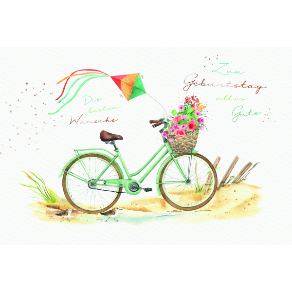 Geburtstag Glückwunschkarten  Fahrrad mit Blumenkorb und Flugdrachen, Naturkarton, mit roségoldener Metallicfolie