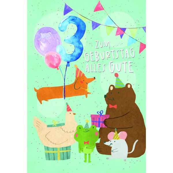 Zahlengeburtstag 3 Jahre Karte Bär, Maus, Frosch, Huhn und Hund mit Luftballons