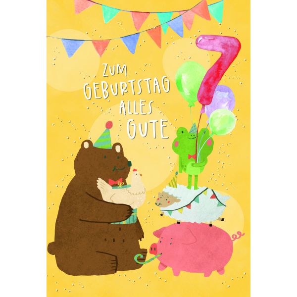 Zahlengeburtstag 7 Jahre Karte Bär, Hahn, Schwein, Schaf und Frosch mit Luftballons