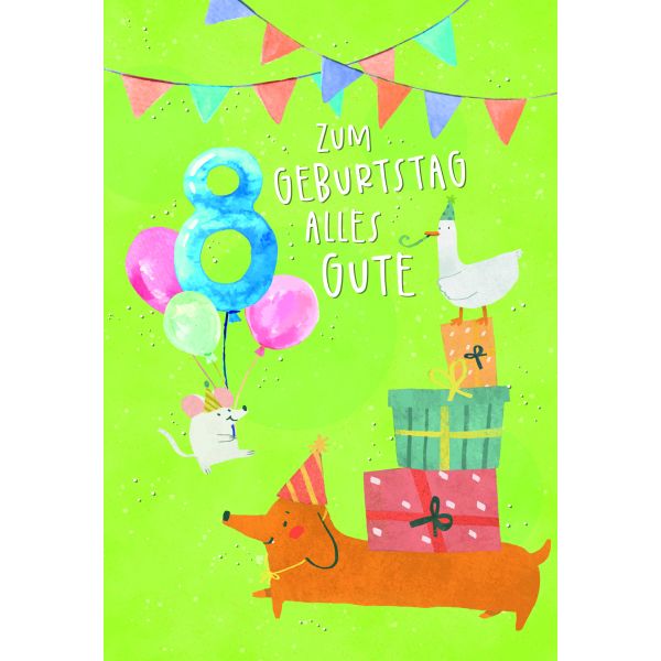 Zahlengeburtstag 8 Jahre Karte Hund, Gans und Maus mit Geschenken und Luftballons