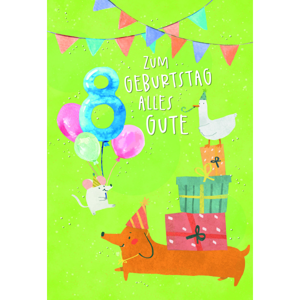 Zahlengeburtstag 8 Jahre Karte Hund, Gans und Maus mit Geschenken und Luftballons