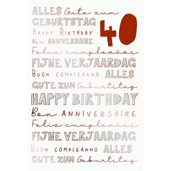Zahlengeburtstag 40 Jahre Karte Schriftkarte, Naturkarton, mit roségoldener Metallicfolie