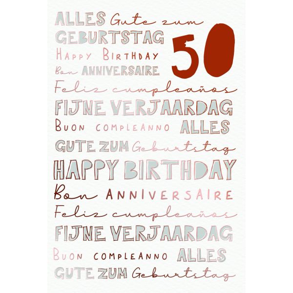 Zahlengeburtstag 50 Jahre Karte Schriftkarte, Naturkarton, mit roségoldener Metallicfolie
