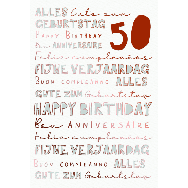 Zahlengeburtstag 50 Jahre Karte Schriftkarte, Naturkarton, mit roségoldener Metallicfolie