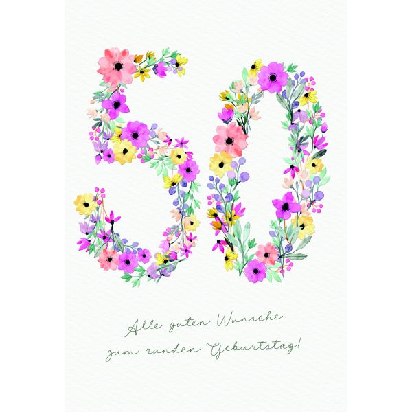 Zahlengeburtstag 50 Jahre Karte Zahlen aus Blumen und Blättern, Naturkarton, mit Blindprägung