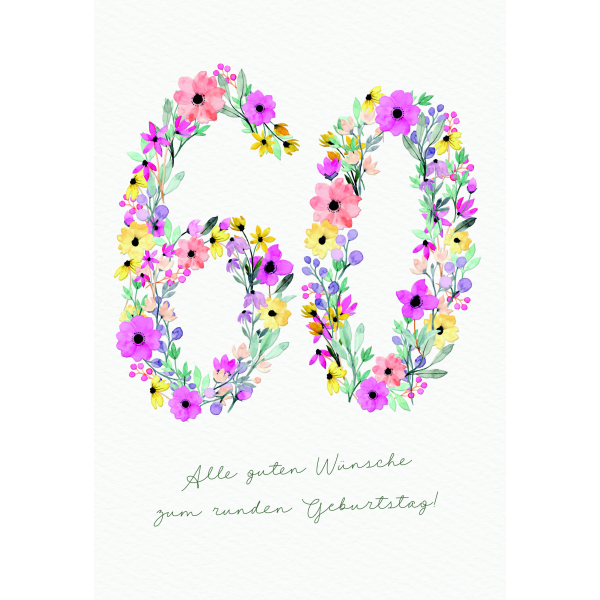 Zahlengeburtstag 60 Jahre Karte Zahlen aus Blumen und Blättern, Naturkarton, mit Blindprägung