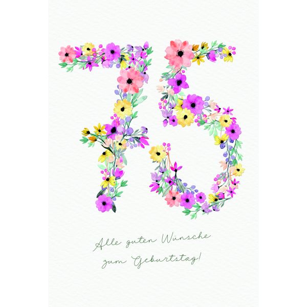 75. Geburtstag Glückwunschkarten Zahlen aus Blumen und Blättern, Naturkarton, mit Blindprägung