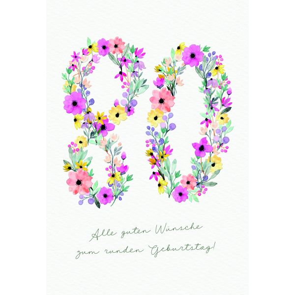 A Zahlengeburtstag 80 Jahre Karte Zahlen aus Blumen und Blättern, Naturkarton, mit Blindprägung