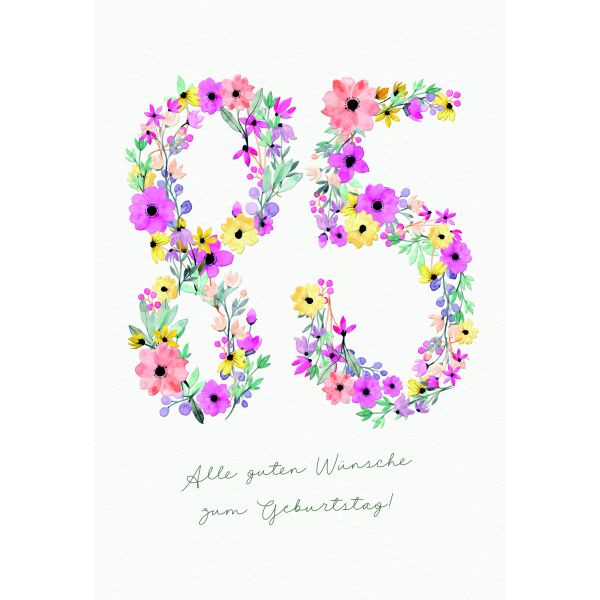 Zahlengeburtstag 85 Jahre Karte Zahlen aus Blumen und Blättern, Naturkarton, mit Blindprägung
