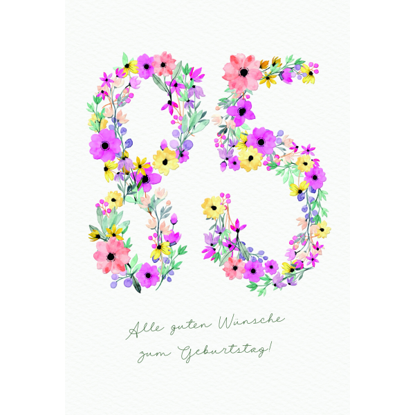 Zahlengeburtstag 85 Jahre Karte Zahlen aus Blumen und Blättern, Naturkarton, mit Blindprägung