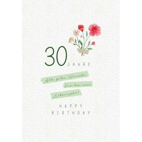 Zahlengeburtstag 30 Jahre Karte Blumen, Naturkarton