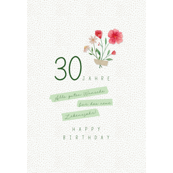 Zahlengeburtstag 30 Jahre Karte Blumen, Naturkarton