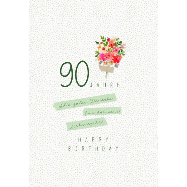 Zahlengeburtstag 90 Jahre Karte Blumen, Naturkarton