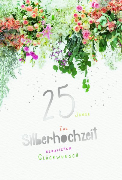 Silberhochzeit - Glückwunschkarten im Format  11,5 x 17 cm - Blumen und Blätter, Naturkarton, mit Silberfolie