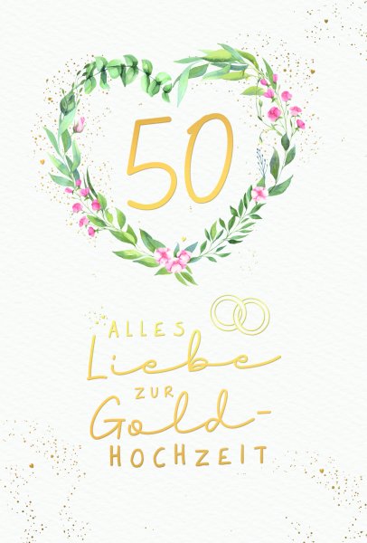 Goldhochzeit - Glückwunschkarten im Format  11,5 x 17 cm - Blumen und Blätterranken in Herzform, Naturkarton, mit Goldfolie