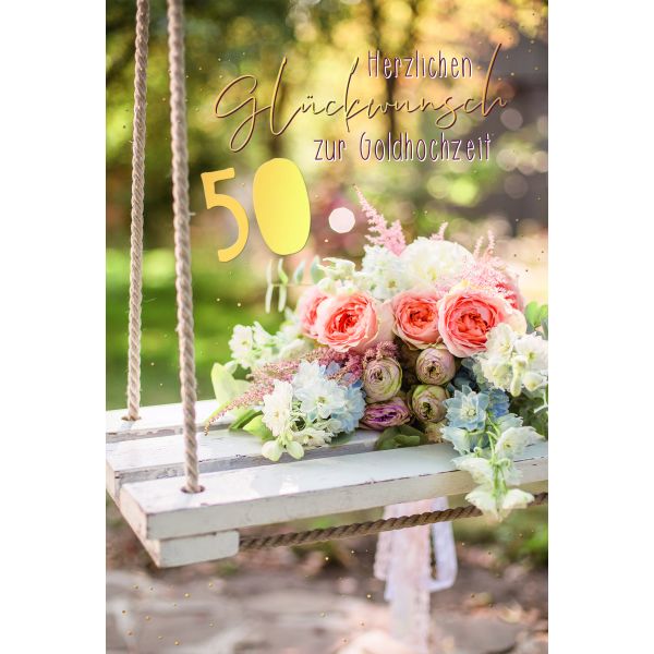 Goldhochzeit 50. Hochzeitstag Glückwunschkarte mit Umschlag, Brautstrauß auf Schaukel, mit Goldfolie