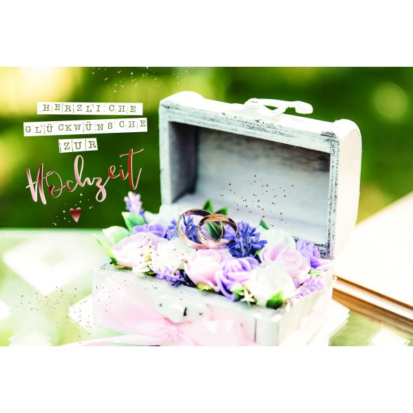 Hochzeit Glückwunschkarten  Eheringe auf Rosen in Schatulle, mit kupferfarbener Metallicfolie