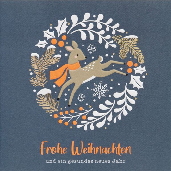 Weihnachten GOOD VIBES quadratische Glückwunschkarte mit Umschlag Kranz mit Reh