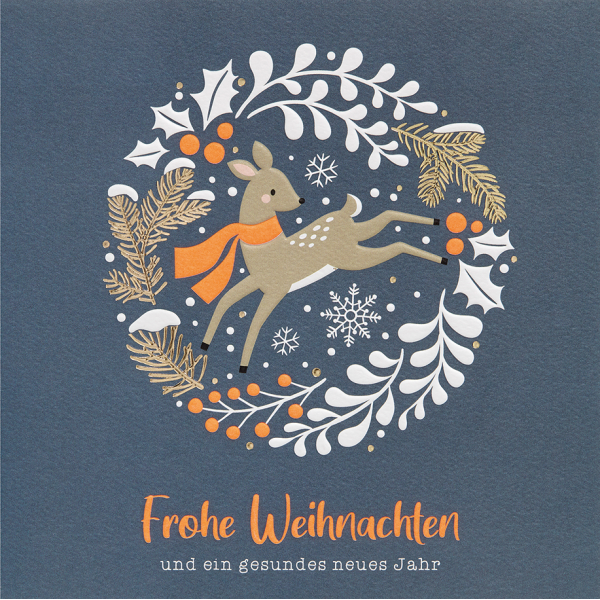Weihnachten GOOD VIBES quadratische Glückwunschkarte mit Umschlag Kranz mit Reh
