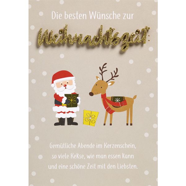 Weihnachten Lettering Glückwunschkarte 11,6 x 16,6 cm mit Umschlag Die besten Wünsche zur Weihnachtszeit Weihnachtsmann mit Rentier