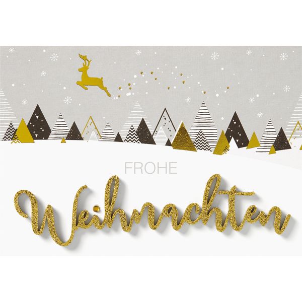Weihnachten Lettering Glückwunschkarte 16,6 x 11,6 cm mit Umschlag Frohe Weihnachten Tannenbäume gold, schwarz