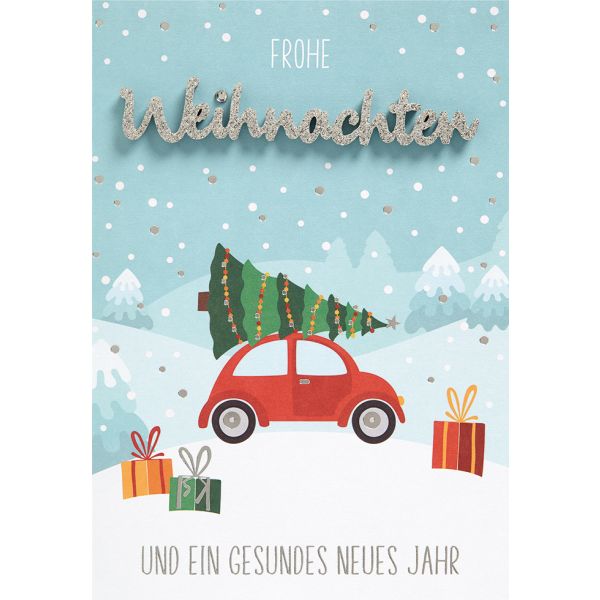 Weihnachten Lettering Glückwunschkarte 16,6 x 11,6 cm mit Umschlag Frohe Weihnachten Auto mit Tannenbaum