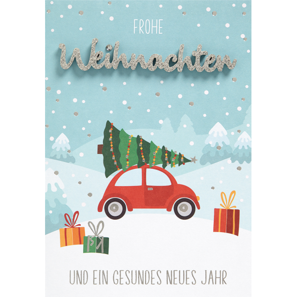 Weihnachten Lettering Glückwunschkarte 16,6 x 11,6 cm mit Umschlag Frohe Weihnachten Auto mit Tannenbaum